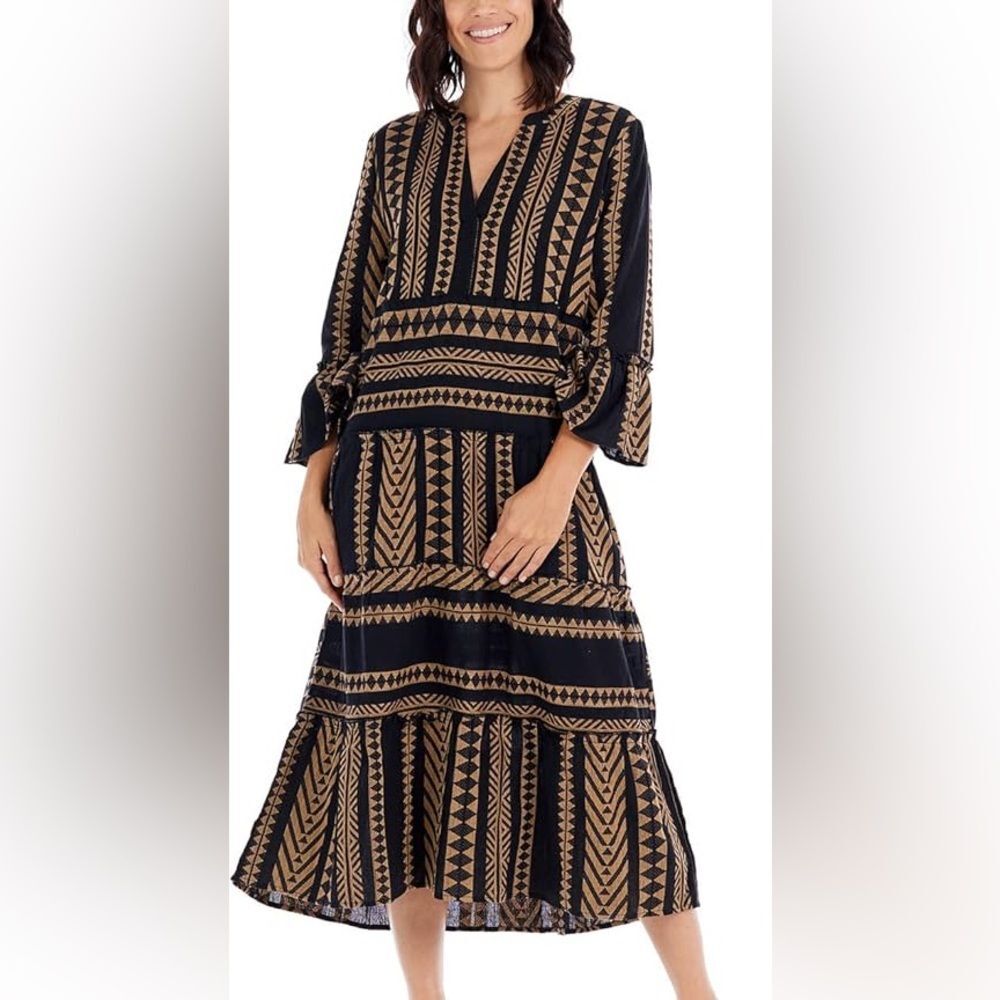 MudPie Boho Black Tan Geometric Cotton Midi Dress Small Tiered 3/4 Sleeve
